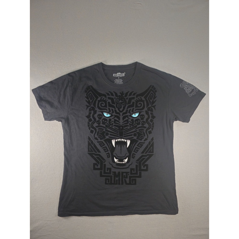 Mis Raices Mexico Balam Jaguar T Shirt Mens Large Black Flocked Velvet Graphic